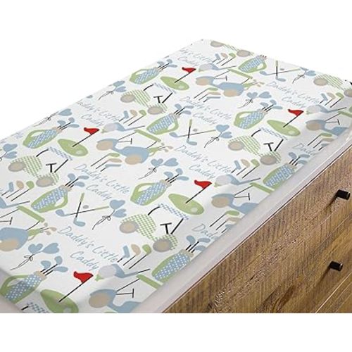 Baby Boys Changing Pad Covers Blue Gingham Golfing, Cute Golf Daddy's Little Caddy Safe Snug Fitted Diaper Table Sheet, Soft Breathable Stretchy Change Mat Shower Gift Fit 32 34 x 16