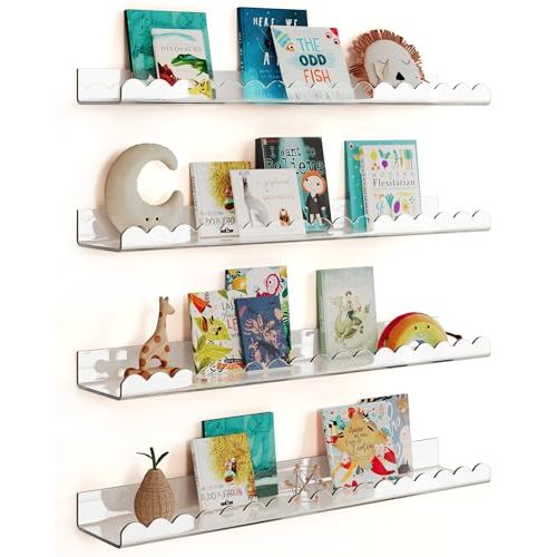 G&W Gruwald 4 Pack Clear 23 Inches Acrylic Book Shelf for Kids Room, Floating Kids Book Shelves for Wall, Nursery Book Shelves, Magazine Rack, Picture Ledge (Clear, 23)