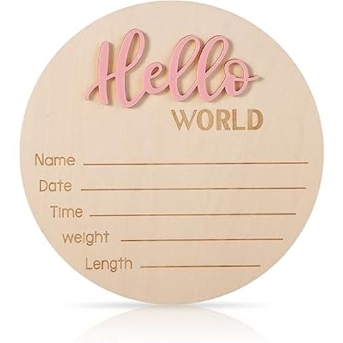 Newborn Announcement Sign, 5.9in Wooden Hello World Sign Baby Welcome Sign Birth Baby Name Plaques for Newborn Boys and Girls Photo Props Baby Shower Hospital Nursery (Light Pink)