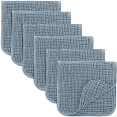 Comfy Cubs Muslin Burp Cloths 20" x 10", Pack of 6 - Large, 6-Layer, Ultra Absorbent 100% Cotton for Baby Drool and Messes - Soft, Safe & Gentle Baby Burp Cloths Set for Boys & Girls - Pacific Blue