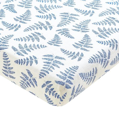 Margaux & May Organic Muslin Cotton Baby Crib Sheet, Blue Fern Print, Fitted, Breathable, Toddler Bedding, 52 x 28, Deep Pocket, Organic Crib Sheets for Cozy Sleep