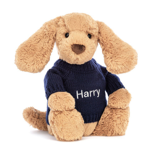 Bashful Toffee Puppy with Personalized Navy Jumper