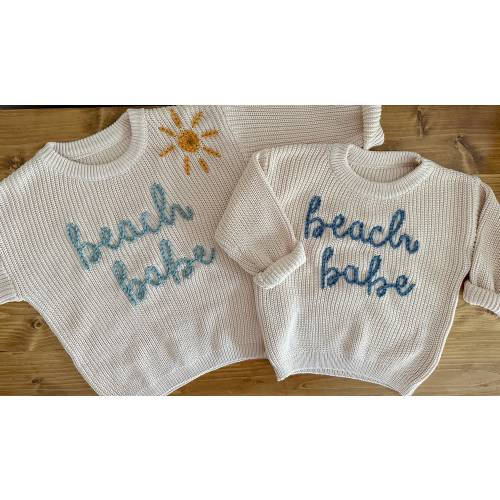 Beach Babe Hand Embroidered Chunky Knit Baby Toddler Sweater "beach babe"