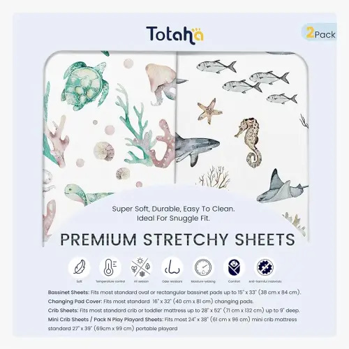 TotAha Premium Soft Pack n Play Sheets, Super Stretchy Jersey Knit Mini Crib Sheets Fitted, Silky Comfort Pack and Play Mattress Sheets, 2 Pack (Sea Animal)