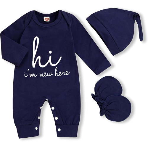Viworld 3PCS Newborn Baby Boy Romper Coming Home Outfits Letter Print Bodysuit Jumpsuit+Hat+Gloves Clothes Set