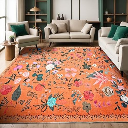 CRYPTOLITE Area Rug 8x10, Washable Large Rugs for Living Room, Non Slip 0.27″ Low Pile Vintage Floral Large Carpet for Bedroom, Living Room, Dining Room, Kids Playroom (Orange)