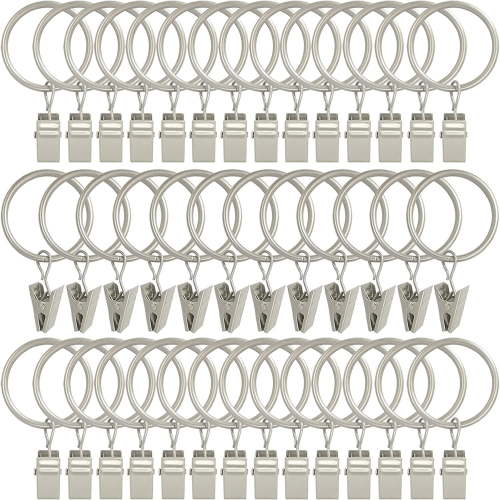 "Rungopro 60 Pack Metal Curtain Rings with Clips, 1 inch Interior Diameter, Fits up to 5/8"" Rod, Matte Silver"