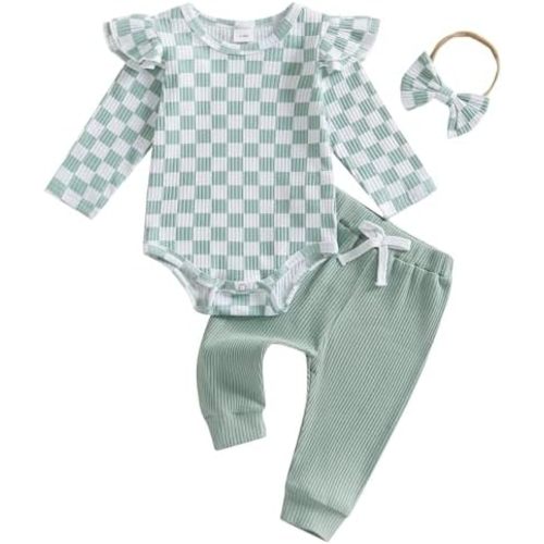 Hnyenmcko Newborn Baby Girl Fall Outfits Rib Frill Long Sleeve Ruffled Romper Solid Pants Headband Set 3Pcs Winter Clothes