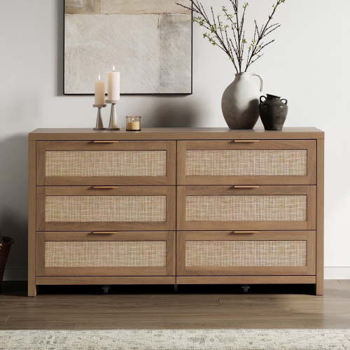 SICOTAS 56.85"W 6 Drawer Tall Dressers, Rattan Dresser with Large Storage Space Boho Dressers & Chests of Drawer Engineered Wooden Dressers for Bedroom,Oak