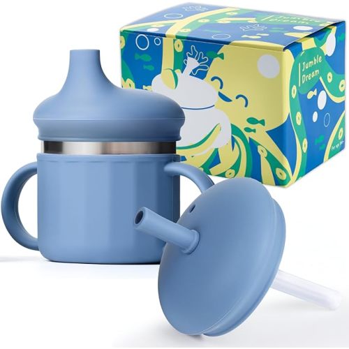 Jumble Dream Stainless Steel Sippyy Cup, Silicon Training Stainless Steel Kids Cups with Straw, Toddler Tumbler with Spill Proof Straw |6 Month Toddler Sippy Cup| BPA Free (Blue Moon) 2025