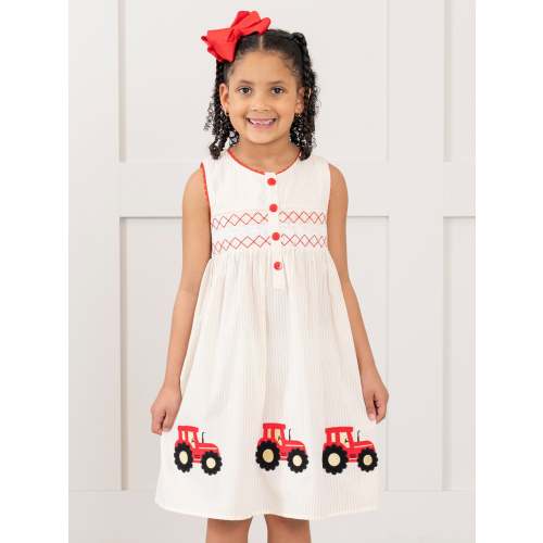 Embroidered Red Tractor Smocked Dress