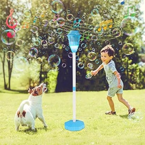 Bubble Maker Stand Machine for Parties,Rechargeable Bubble Machine with Lights and Music,47inch Adjustable Bubble Torch Garden Lamp,Auto Vertical Bubble Machine for Wedding Birthday Outdoor (Blue)