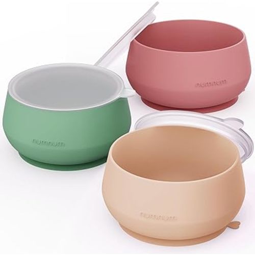 NumNum Suction Bowls for Babies & Toddlers, Extra Strong Non-Slip Suction, 100% Food-Grade Silicone, BPA-Free, Microwave & Dishwasher Safe, Baby-Led Weaning Bowl, 3-Pack With Lid, Beige/Green/Mauve
