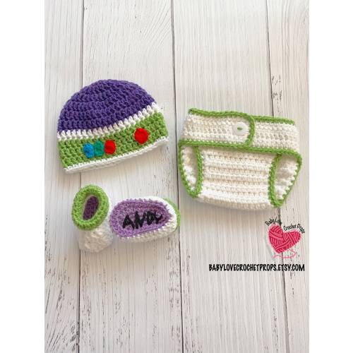 Buzz Lightyear Toy Story Disney Infant Newborn Baby Outfit Beanie Hat Booties Shoes Diaper Cover Crochet Photography Photo Prop