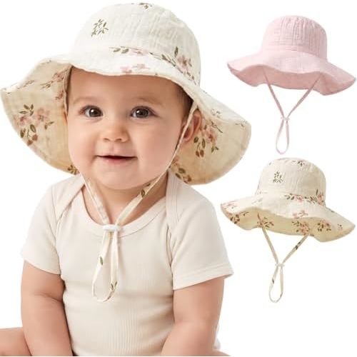 2-Pack Baby Sun Hat Muslin Cotton UPF 50+ Sun Protection Toddler Bucket Hat with Wide Brim for Girls Boys Summer Beach Hats