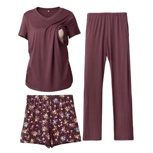 Rnxrbb 3 Piece Women's Maternity Nursing Pajamas Set V Neck Breastfeeding Pjs Sleepwear Postpartum Shorts&Pants Pockets