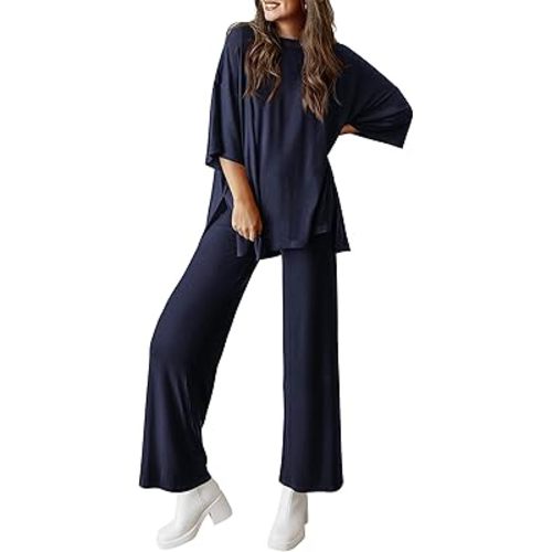 PRETTYGARDEN Women's 2 Piece Outfits Casual Short Sleeve Pullover Tops and Wide Leg Pants Lounge Sets Tracksuits