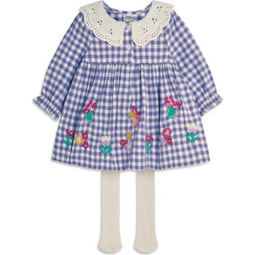 Fairy Appliqué Long Sleeve Cotton Gingham Dress & Tights Set, 3-6M