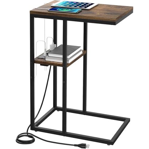 Yoobure C Shaped End Table with Charging Station, Small Side Table for Sofa，26" Tall Tv Tray Couch Table with Storage,Bedside Table with USB Ports and Outlets for Living Room, Bedroom, Rustic Brown