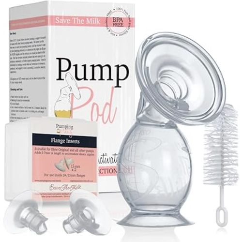 Pump Pod and 15mm Pumping Pretty Inserts by Save The Milk; Breast Milk Collection Cup for Breastfeeding, Suction Activated Lactation Support
