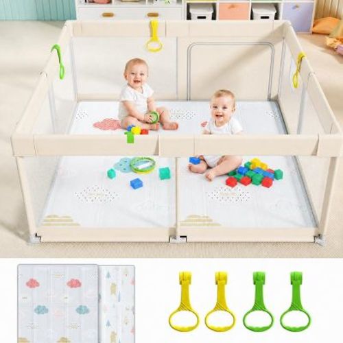 Fodoss Baby Playpen with Play Mat 59x59 Inch Extra Large Playpen for Babies Toddlers Indoor Play Yard Infant Kids Play Center (Beige set)