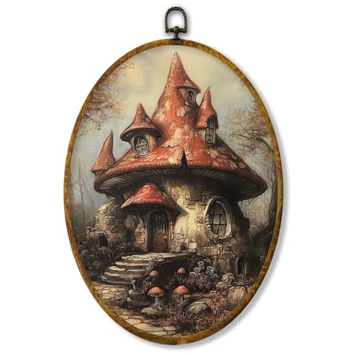 XPH Enchanted Forest Mushroom House Oval Wall Art Framed, Cottage Core Mushroom Oval Wall Decor, Whimsical Witchy Moss Hanging Canvas Prints for Home Bedroom Living Room Decoration, 8.6x11.4 Inch