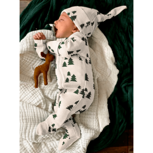 Organic Waffle Basic Zip Footie, Forest Green Trees
