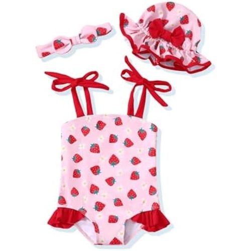 Renotemy Baby Girl Swimsuit Toddler Girls One-Piece Swimsuit Summer Beach Bikini Girl Bathing Suits with Hat 0-24 Month