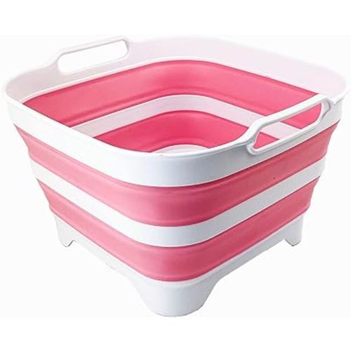 SAMMART 10L (2.64 Gallon) Collapsible Dishpan with Draining Plug - Foldable Washing Basin - Portable Dish Washing Tub - Space Saving Kitchen Storage Tray (White/Pink/White)