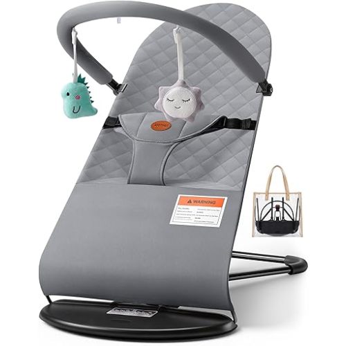Baby Bouncer, Portable Baby Bouncer Seat, 3-Position Recline Infant Bouncy Seat for Babies 0-18 Months, Ergonomic Bouncy Chair with Hanging Toys, Bio-Inspired Fabric, Rocker & Stationary Modes Grey
