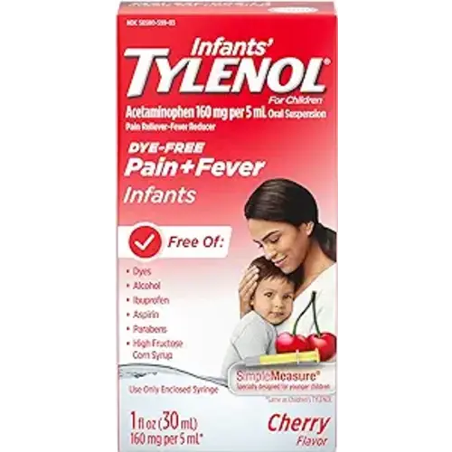 Tylenol Infants Oral Suspension Liquid Medicine with Acetaminophen, Baby Fever Reducer & Pain Reliever for Minor Aches & Pains, Sore Throat, Headache & Teething Pain, Dye-Free Cherry, 1 fl. oz - Cherry (Dye-Free)