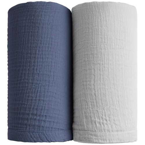 Konssy Muslin Swaddle Blankets for Boys Girls, 2 Pack Receiving Baby Blanket Large 47 x 47 inches, Soft Breathable Swaddling Wrap for Unisex Newborn (Navy, Grey)