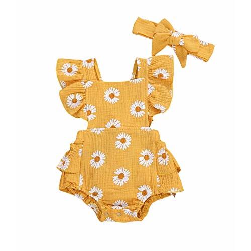 Baby Girls Floral Cotton Leotard Romper Newborn Daisy Playsuits Ruffled Sleeve Onesie Infant Jumpsuit Clothes Headband