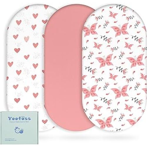 Yoofoss Bassinet Sheets for Baby,3-Pack Fitted Bassinet Sheets Set Compatible with Halo Bassinest Swivel Sleeper,Baby Delight,Angelbliss,Soft Breathable Bassinet Mattress Sheets(Pink+Butterflies)