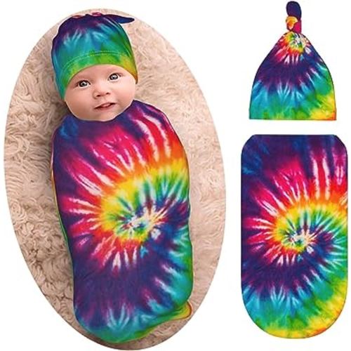 Tie Dye Colorful Rainbow Newborn Swaddle Blankets Beanie Hat Sets Soft and Stretchy Baby Blanket Swaddle Sack for Baby Shower Infant Boy and Girl