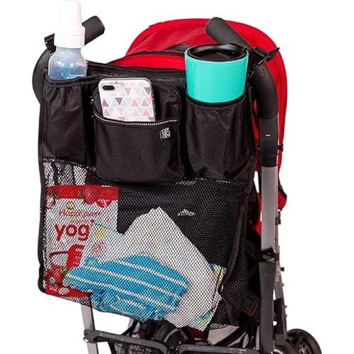 J.L. Childress Cups 'N Cargo Universal Stroller Organizer with Cup Holders and Mesh Storage Compartment - Deep Cup Holders - Multiple Zippered Pockets - Fits Uppababy, Stroller Wagons & more - Black