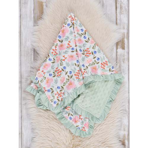 Green Watercolor Garden Ruffle Minky Blanket