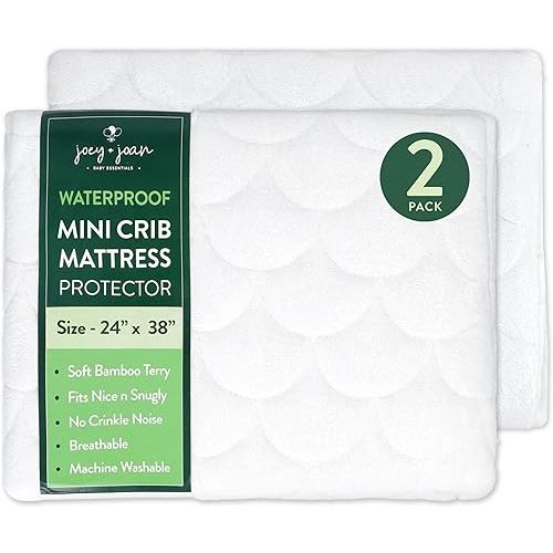 Joey + Joan Waterproof Mini Crib Mattress Protector – 2 Pack, 24" x 38" Quilted Ultra Soft Bamboo Viscose Terry Mini Crib Mattress Pad Cover – Noiseless & Breathable