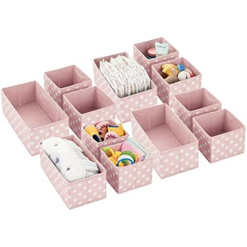 mDesign Fabric Drawer Divider Organizer Bin, Nursery/Bedroom Dresser, Closet, Shelf, Playroom Organization, Hold Clothes, Toys, Diapers, Bibs, Set of 3, 4 Pack, Pink/White Polka Dot