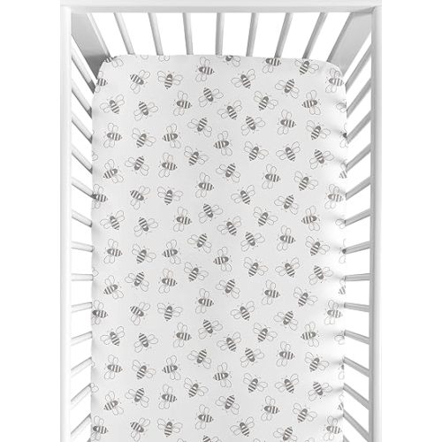 Sweet Jojo Designs Grey Bee Boy Girl Gender Neutral Unisex Baby Fitted Crib Sheet Infant Newborn Nursery Toddler Bed Room Standard Mattress Abstract Honeybee Bumblebee Flying Bees White and Gray