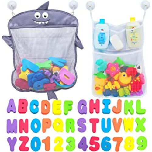 Comfylife Baby Bath Toy Organizer - Shark +36 Bath Letters & Numbers +Extra Bath Toy Storage Net & 10 Strong Hooks, Great Bath Net for Kids, Cute Bathtub Toy Organizer and Bath/Shower Caddy Solution