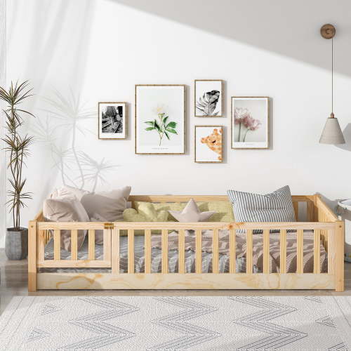 Sesslife Twin Size Floor Bed Frame for Kids, Wood Montessori Floor Beds with Fence Railings & Support Slats for Kids, Twin Playhouse Bed for Boys and Girls, No Box Spring Needed(Natural)