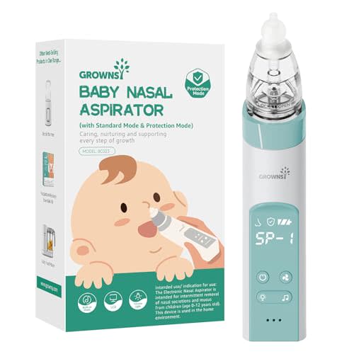GROWNSY Nasal Aspirator for Baby with Protection Mode, Electric Nose Suction for Baby, Automatic Baby Nose Sucker with 3 Silicone Tips, Adjustable Suction Level, Music and Light Soothing Function