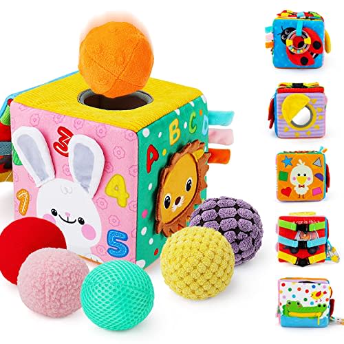 beetoy Sensory Busy Cube for Baby, Montessori Infant Toys with Textured Sensory Balls, Early Learning Travel Toys for Fine Motor Skills, Perfect Newborn Boy and Girl Gift