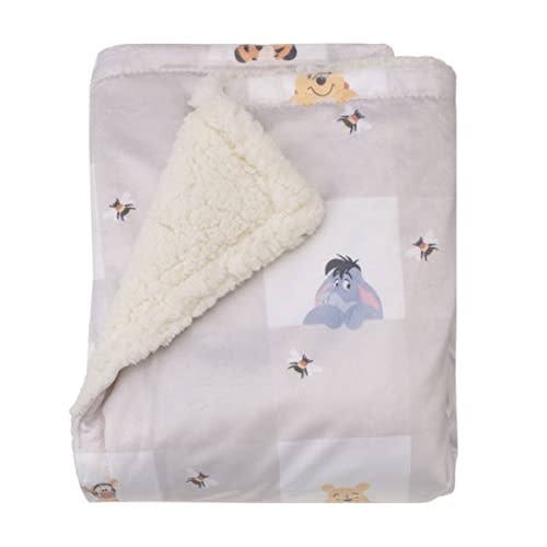 Disney Winnie The Pooh Hugs and Honeycombs Grey and White Plaid with Piglet, Tigger and Eeyore Super Soft Sherpa Baby Blanket