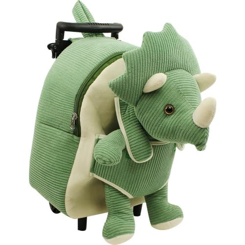Popatu Kids' Dino Trolley Rolling Backpack with Removable Stuffed Animal, Green