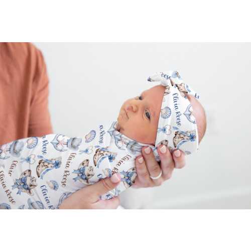 COASTAL COWGIRL SWADDLE, Blue Cowgirl Baby Name Swaddle, Blue Western Theme Baby Blanket, Swaddle headband Coastal Cowgirl Baby Shower Gift