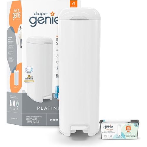 Diaper Genie Platinum Pail (Lilly White) is Made of Durable Stainless Steel and Includes 1 Easy Roll Refill with 18 Bags That can Last up to 5 Months.