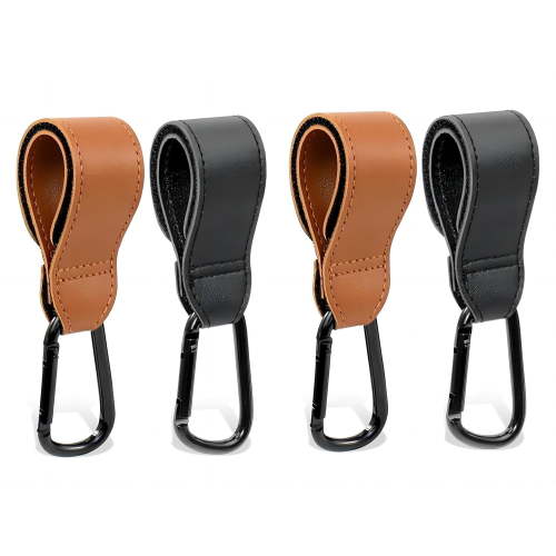 4PCS Stroller Hook Accessories, Multipurpose Stroller Bag Hooks, Leather Stroller Clips for Diaper Bags Pet Carts Grocery Shopping Bags(black and brown)