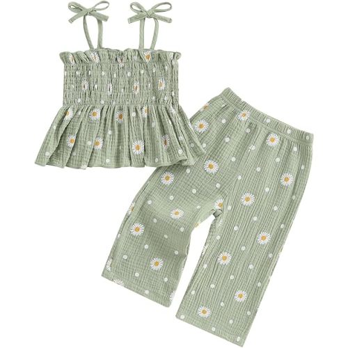 Kaipiclos Toddler Girl Clothes Baby Summer Outfits Daisy Print Sleeveless Smocked Camisole Linen Pants 12 18 24 Month 3T 4T
